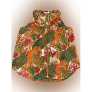 Rose Olive Tropical Sleeveless Blouse Womens Medium Tie Neck